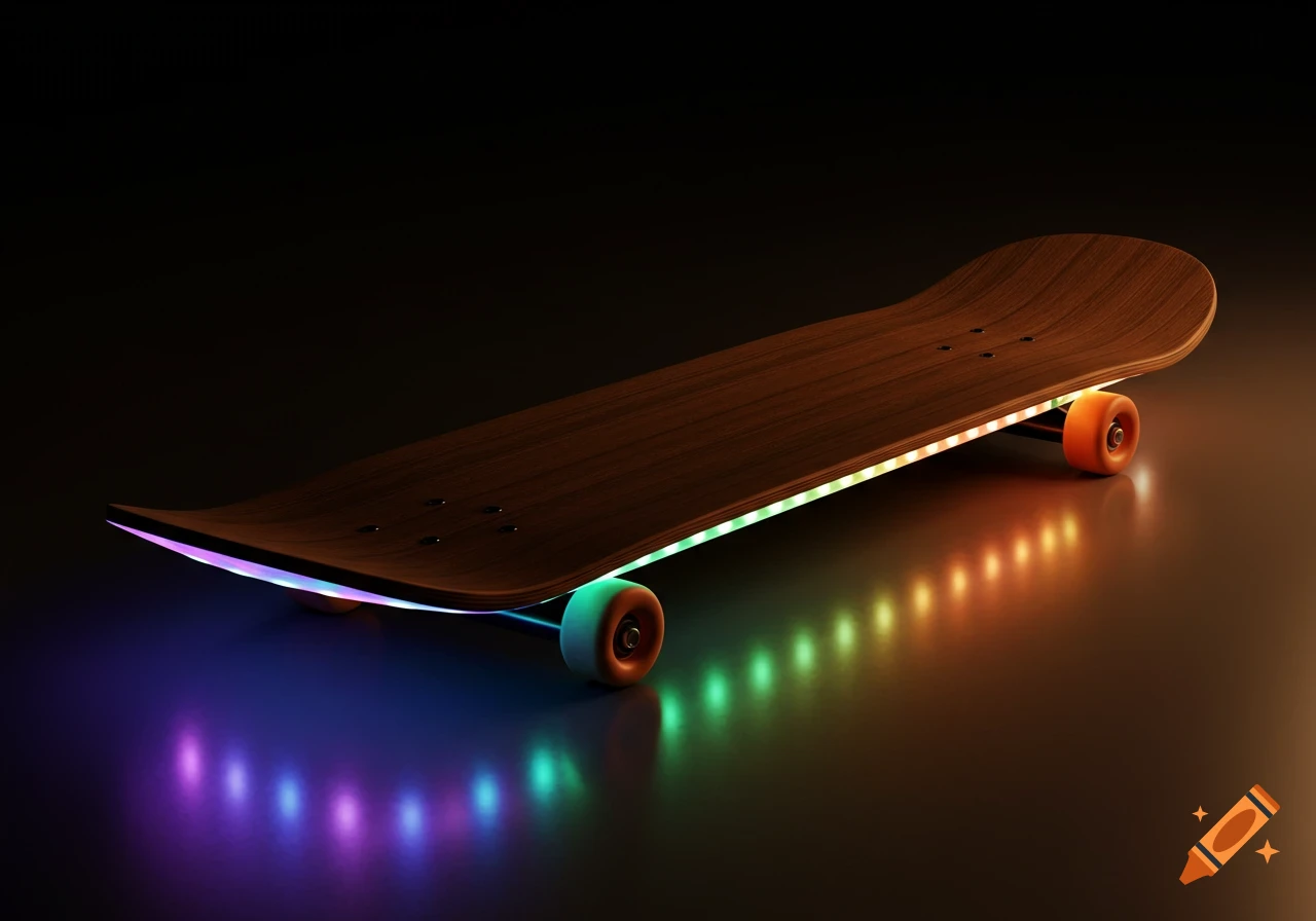 A skateboard with colorful LED lights along the bottom edge, reflecting on a dark surface.