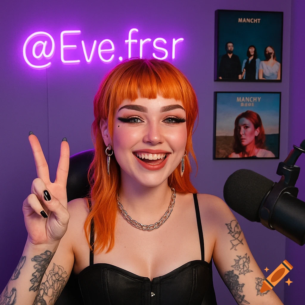 A woman with orange hair, heavy makeup, and tattoos holds up a peace sign in front of a neon sign that says "@Eve.frsr". A microphone and music albums are in the background.
