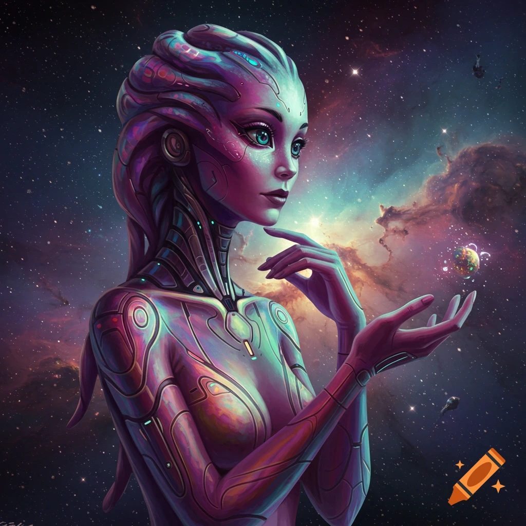 Colorful alien woman with robotic parts holding a planet in space, digital art