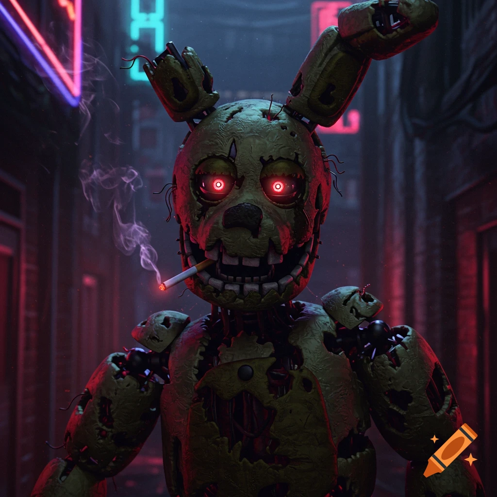 A damaged, green animatronic rabbit with glowing red eyes smokes a cigarette in a dark alley with neon lights.