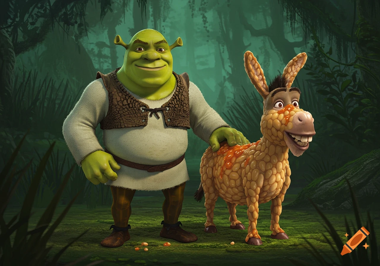 Shrek stands next to Donkey, who is made of baked beans, in a forest.