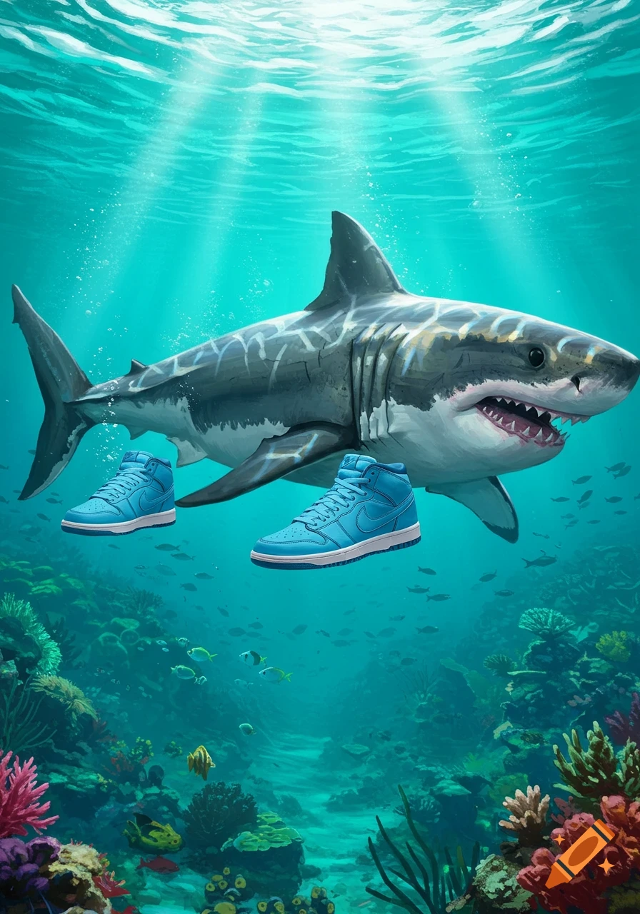 An illustration of a shark wearing blue sneakers swimming underwater.