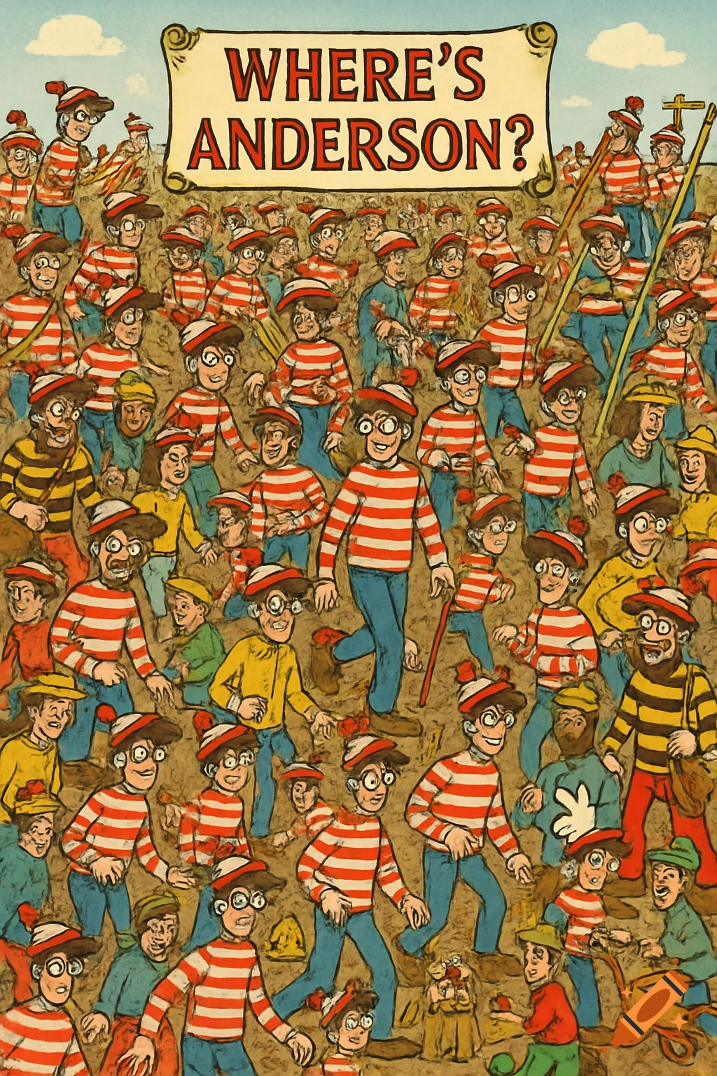 Illustration in Where's Wally style with a dense crowd of people in striped shirts and a sign saying 'WHERE'S ANDERSON?'.