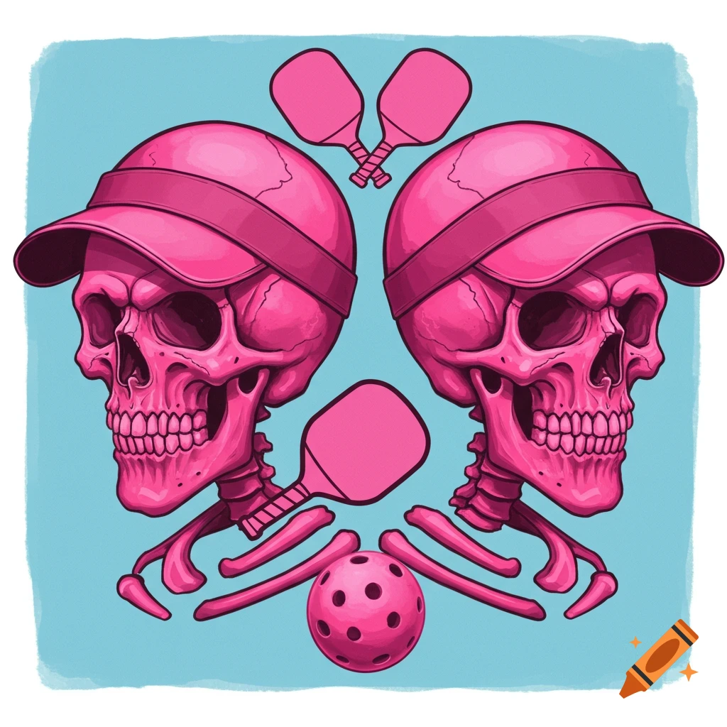 Two pink skulls in visors playing pickleball with paddles and ball, stylized.