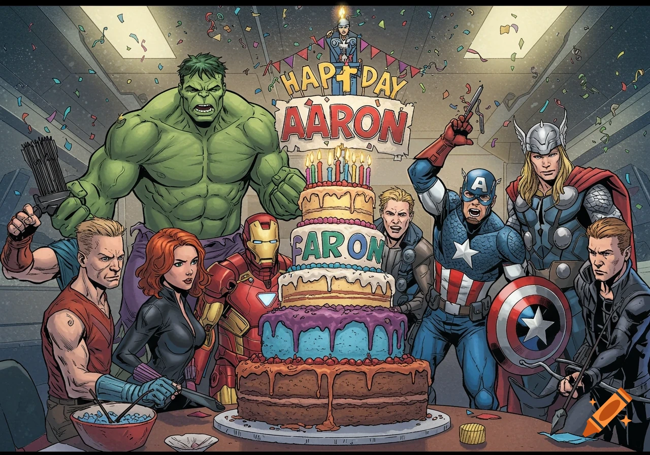 Avengers characters gather around a birthday cake in comic book art style.