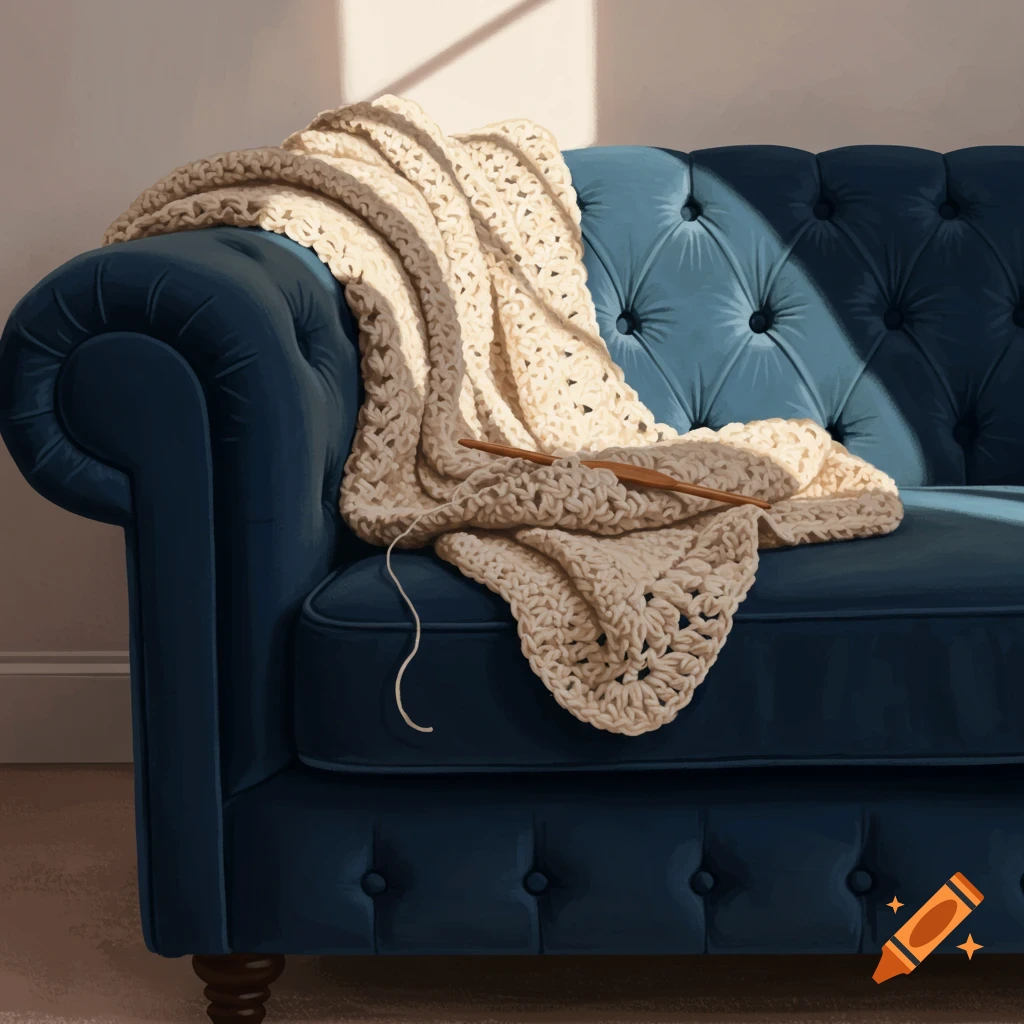 A blue tufted sofa with a cream crochet blanket and hook draped over it, lit by sunlight.