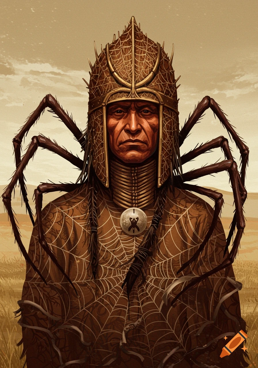 A portrait of a Native American warrior wearing spider-themed armor and helmet.