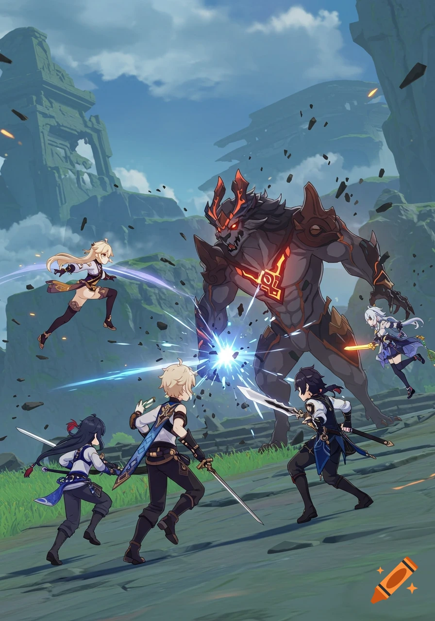 Anime characters battle a large monster in a fantasy landscape.