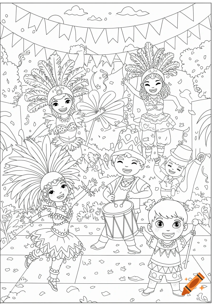Black and white line art coloring page of children celebrating Brazilian carnival in costume with feathers and confetti.