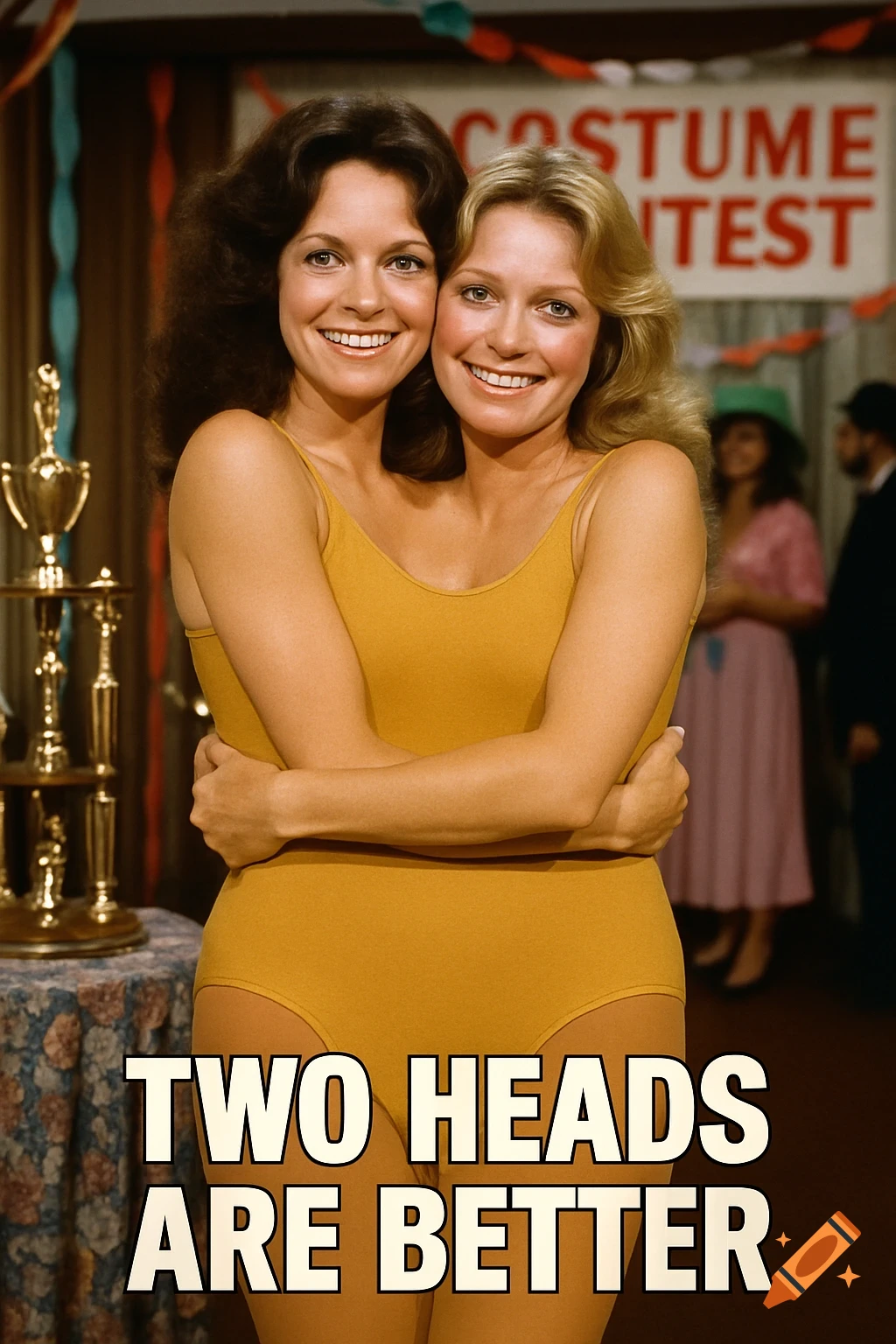 Two women in a leotard hugging, creating a two-headed illusion, in front of a costume contest sign and trophy.