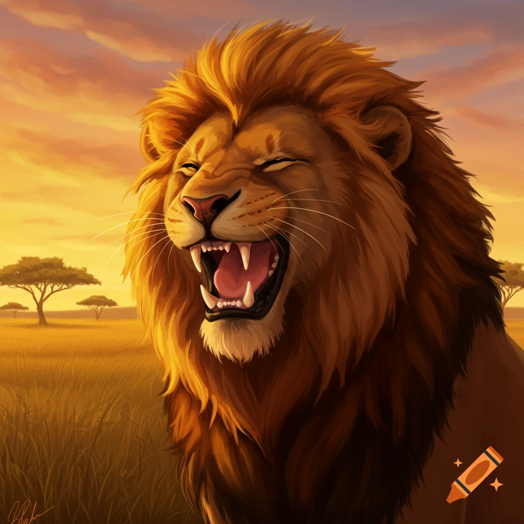 Illustration of a roaring lion in a savanna landscape at sunset.