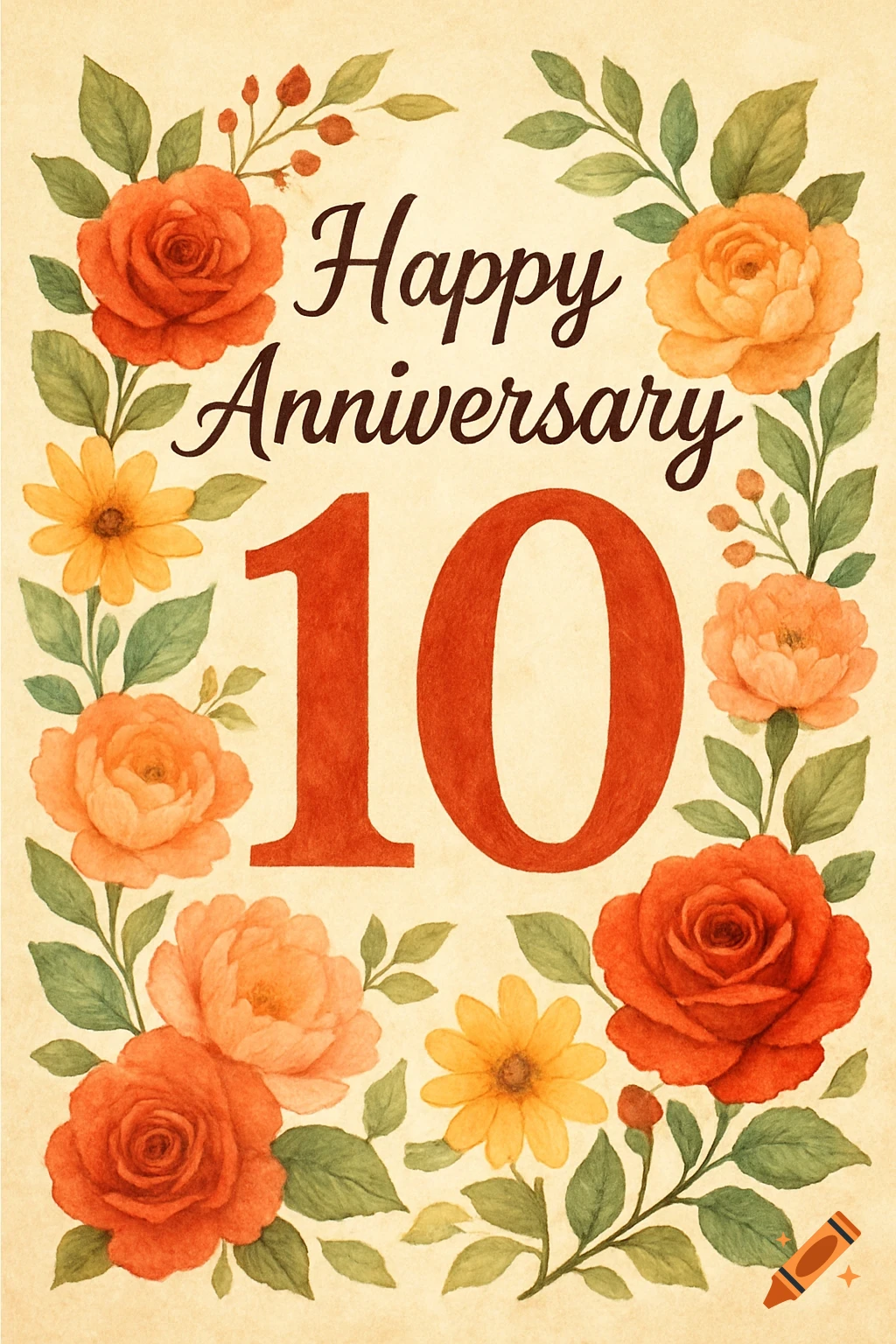 Watercolor anniversary card with "Happy Anniversary 10" text and a border of orange and red roses and yellow flowers.