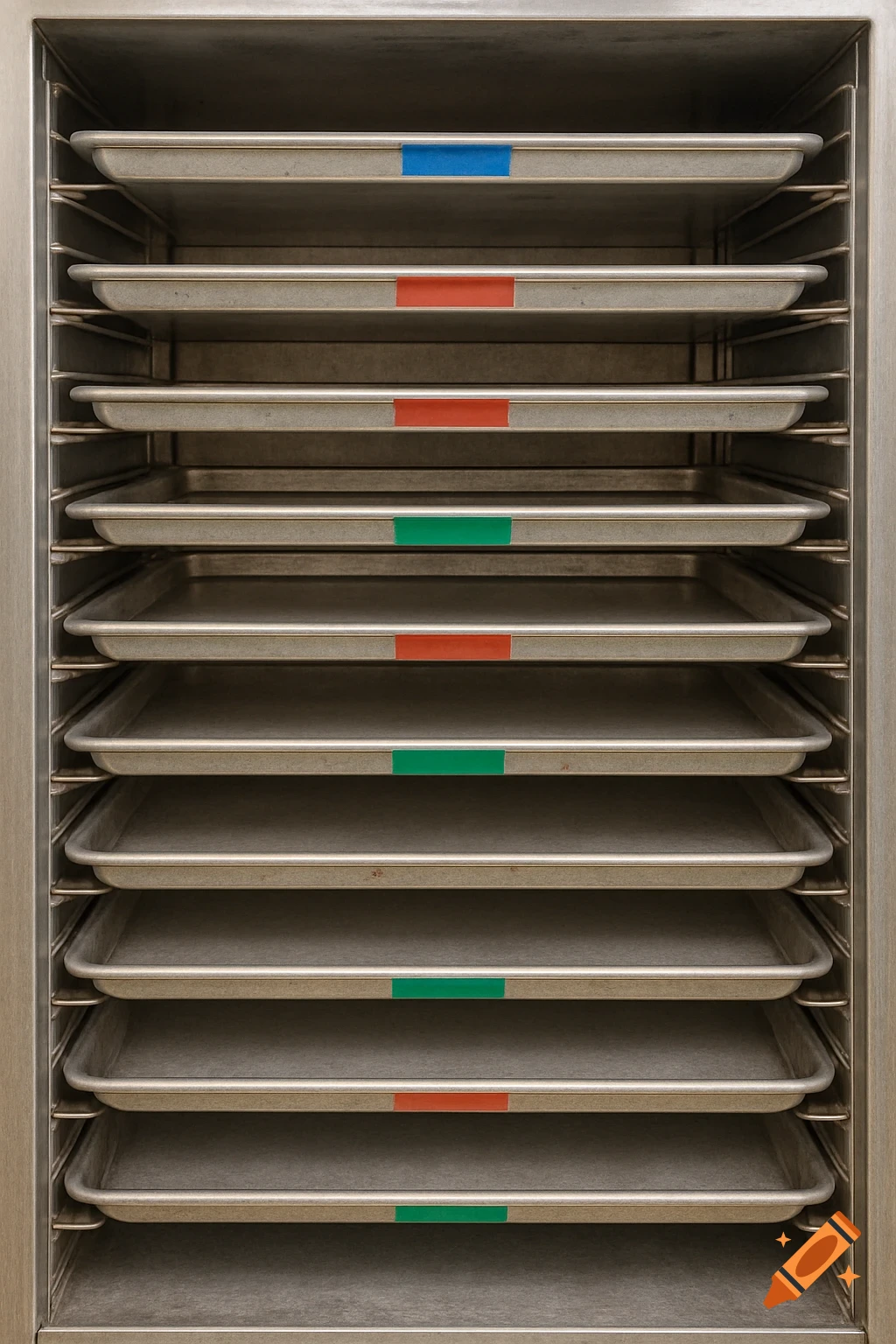 Close-up of metal shelves holding trays with colored tape labels.