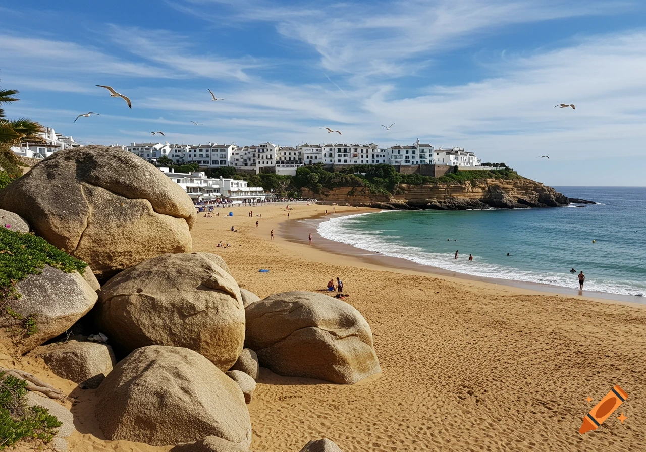 A sunny beach with large boulders in the foreground, white buildings on a cliff, people on the sand and in the water, and seagulls flying.