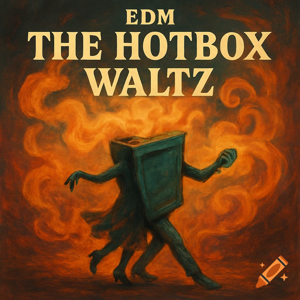 Illustration of two figures, one with a TV head, dancing in front of fire and smoke with text "EDM THE HOTBOX WALTZ" above.