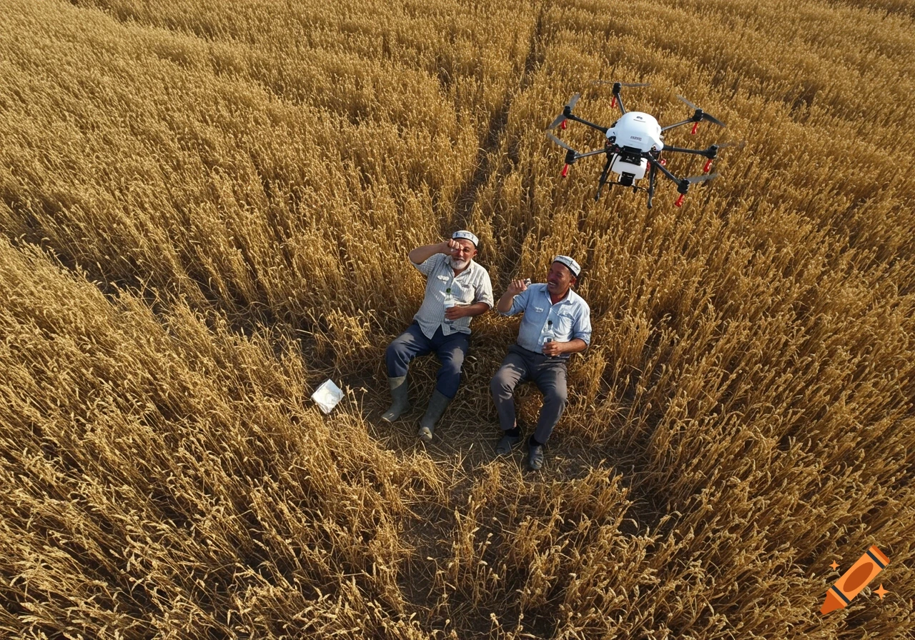 Two farmers lie in a golden wheat field drinking, with a drone flying overhead.