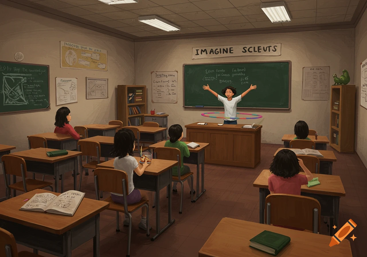 An illustration of a teacher hula-hooping in a classroom filled with students.