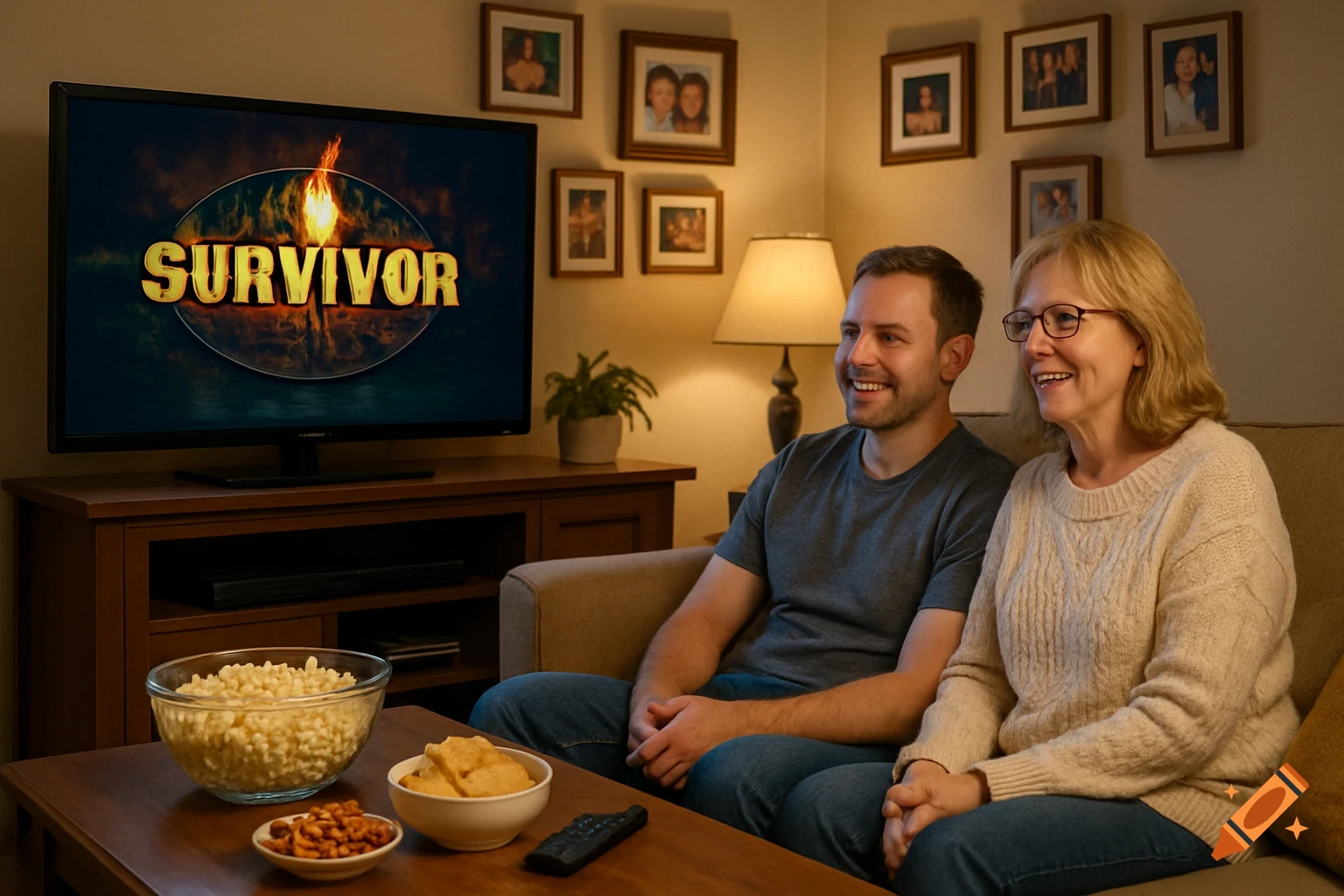 Man and woman watching television in a cozy living room with snacks on the coffee table.