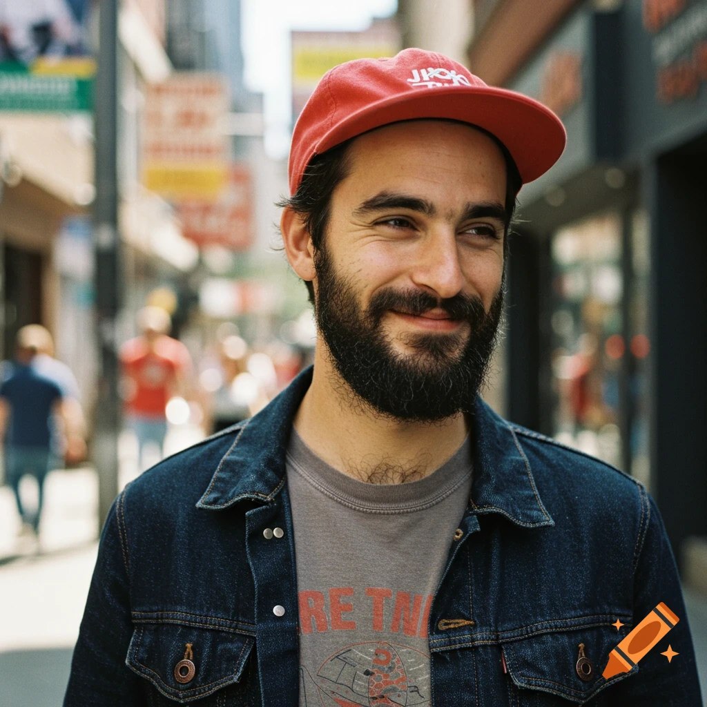 A bearded man wearing a red baseball cap and denim jacket stands in a street.