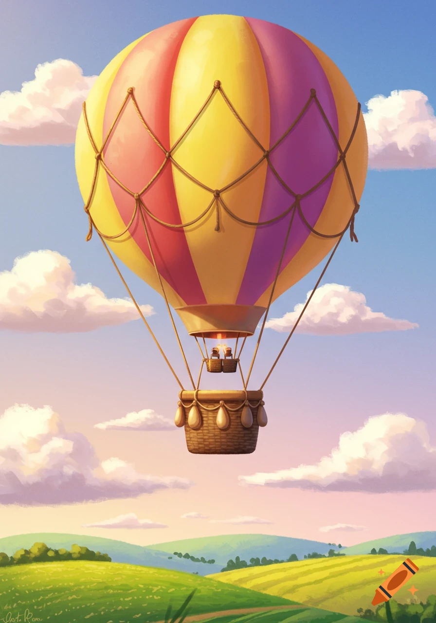 Colorful hot air balloon floats over a green landscape with hills and clouds in a painterly style.
