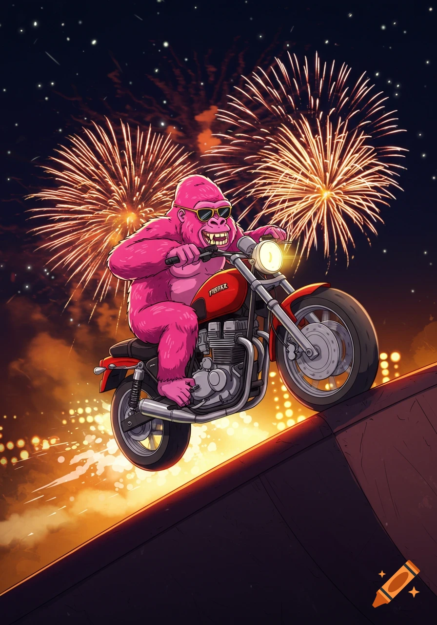 Cartoon pink gorilla rides a motorcycle up a ramp with fireworks in the night sky.