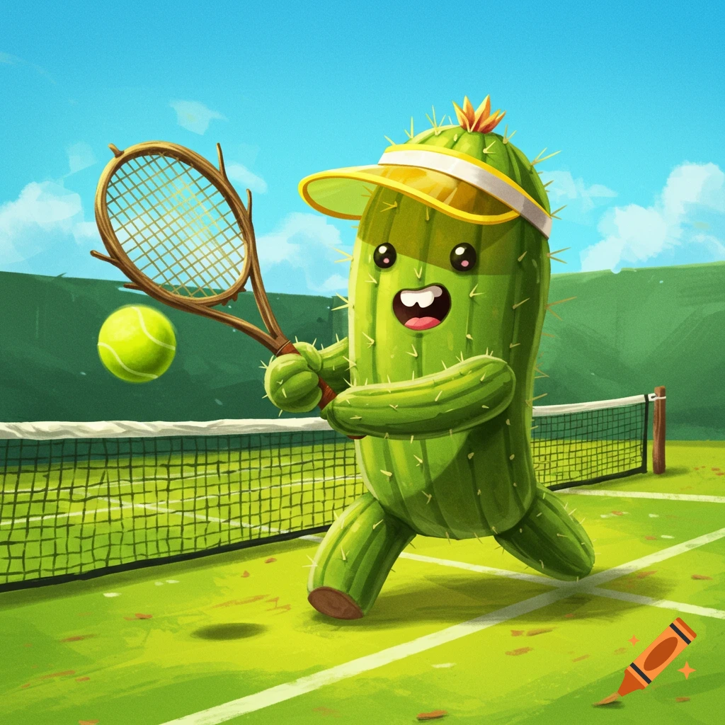 A cute cartoon cactus playing tennis on a court.