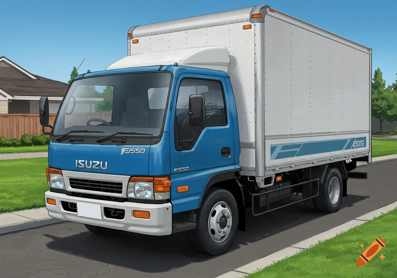 Blue and white Isuzu box truck parked on a suburban street