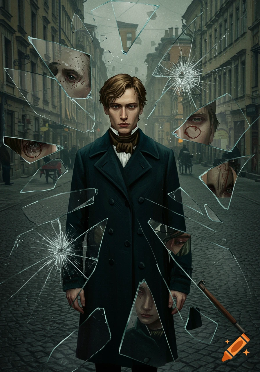 Man in coat surrounded by broken glass fragments reflecting distorted faces.
