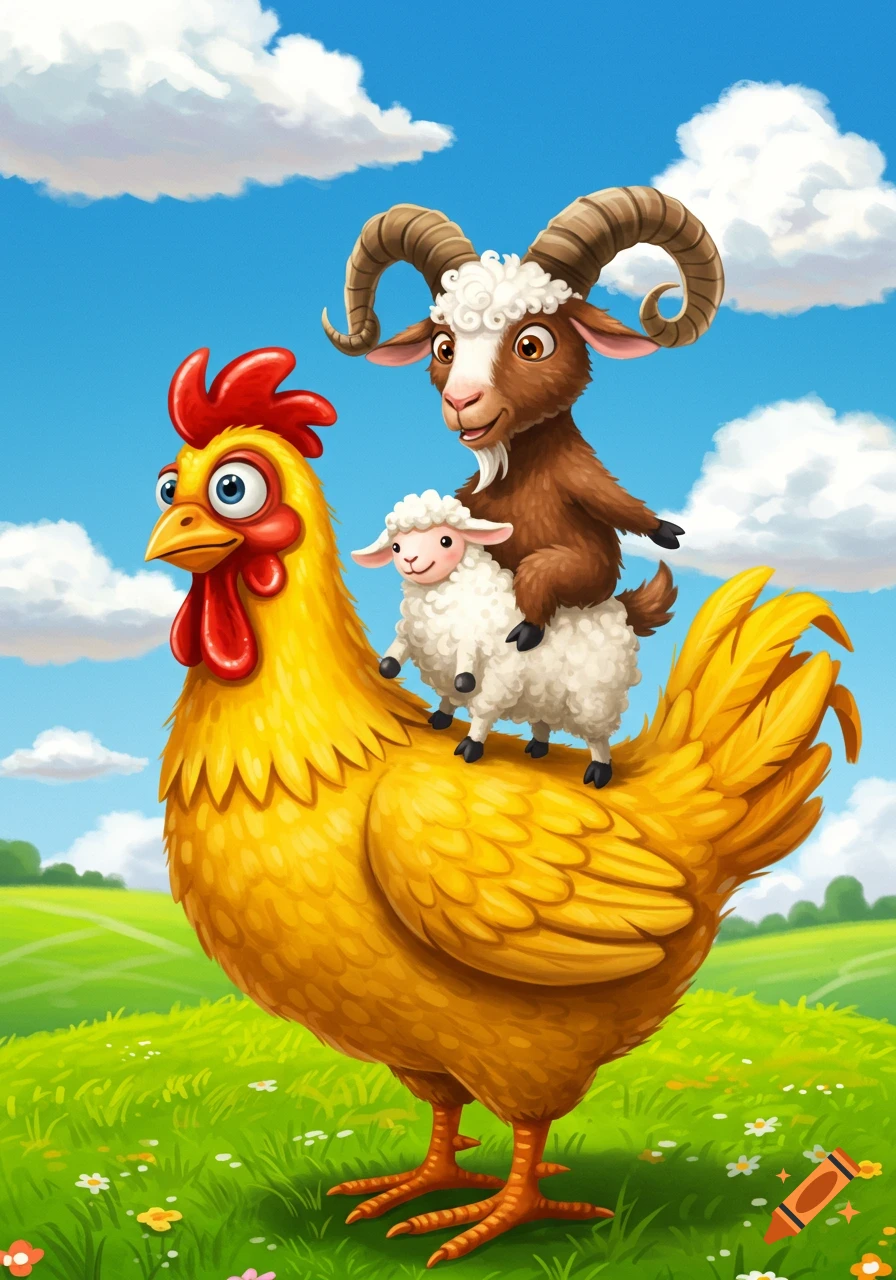A cartoon chicken with a sheep and a goat riding on its back stands in ...