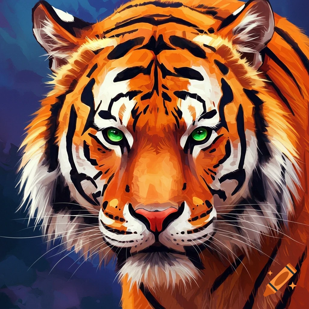 Close-up abstract portrait of a tiger face with bright green eyes.