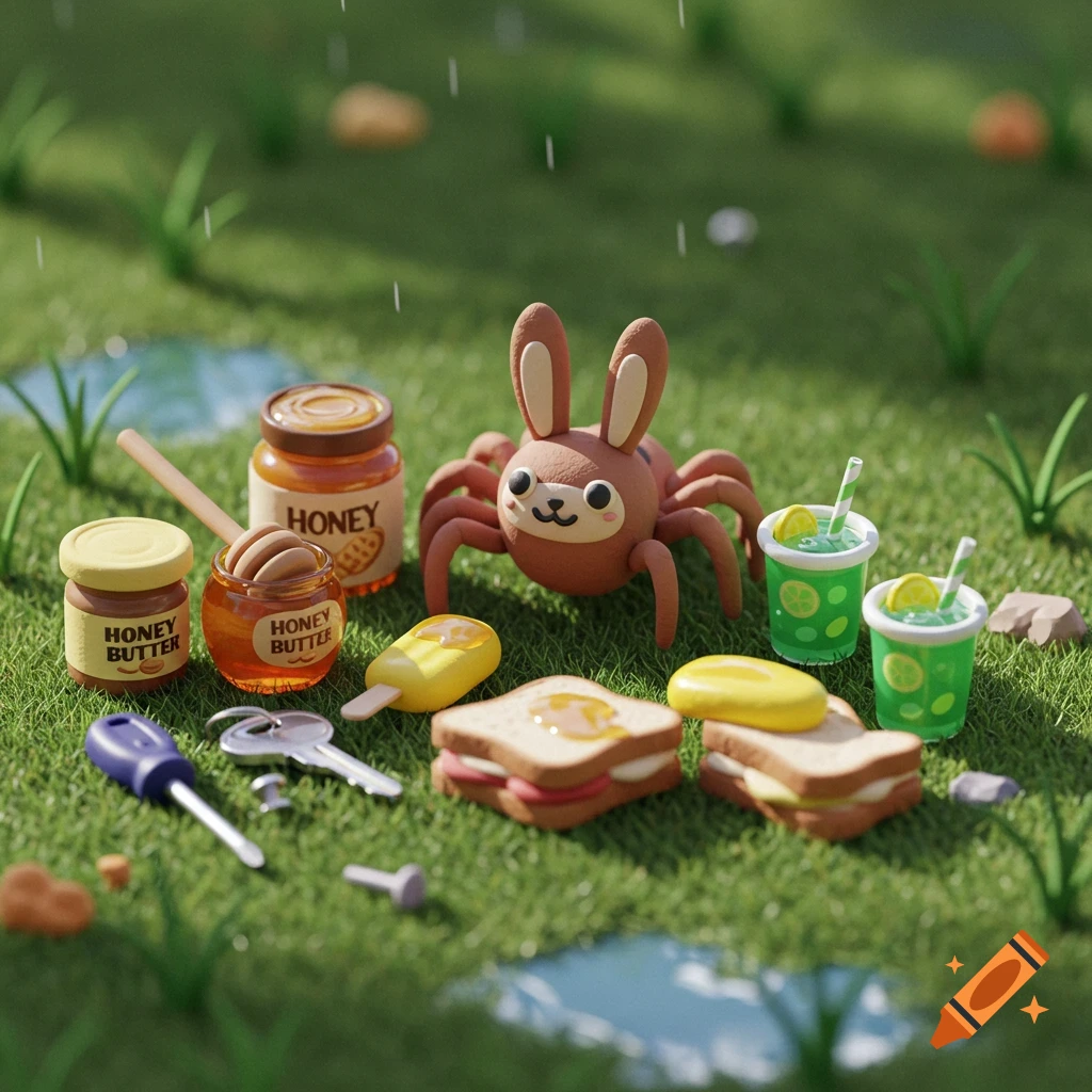 Clay model diorama of a bunny spider, honey jars, sandwiches, drinks, and tools on wet grass.