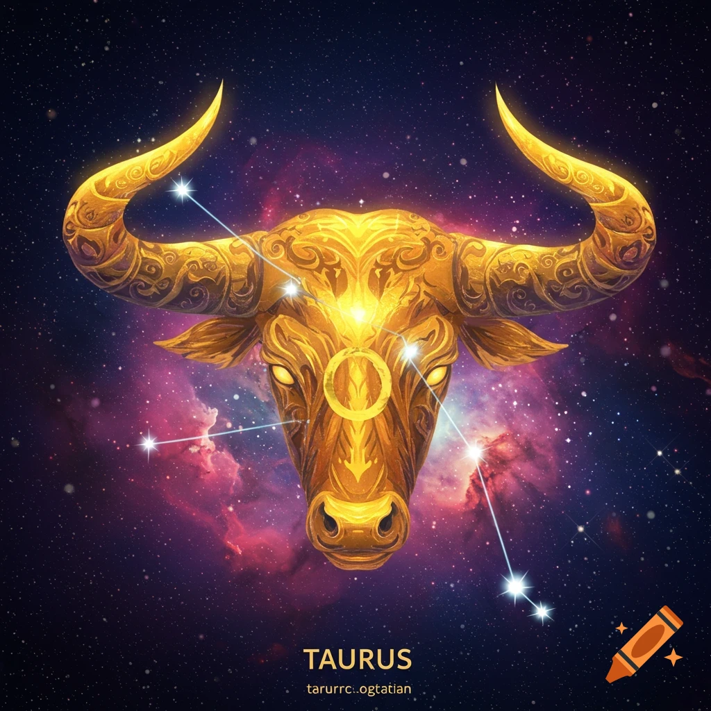 A golden, ornate bull head against a dark starry sky with purple nebula, outlined by constellations.