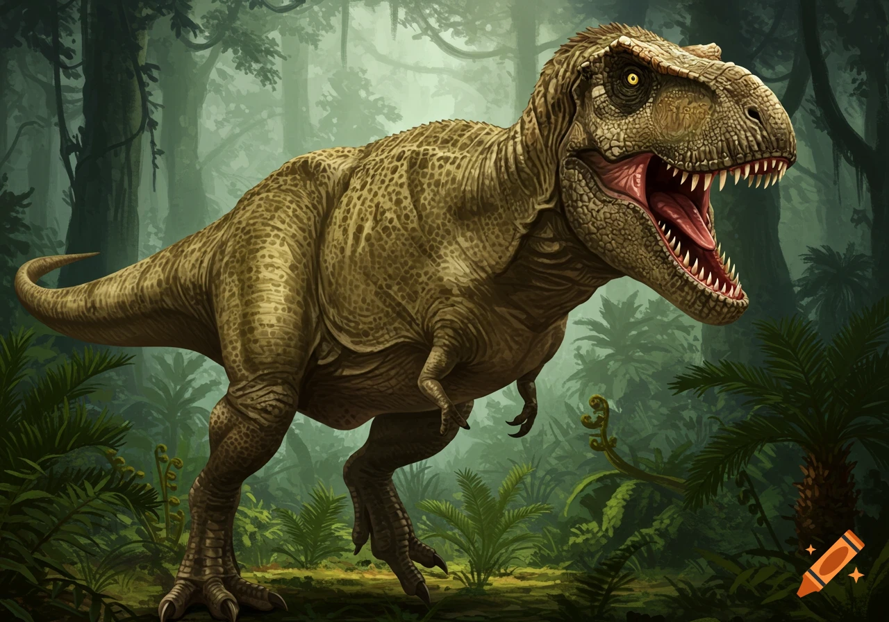 A detailed illustration of a Tyrannosaurus rex standing in a lush, misty jungle.