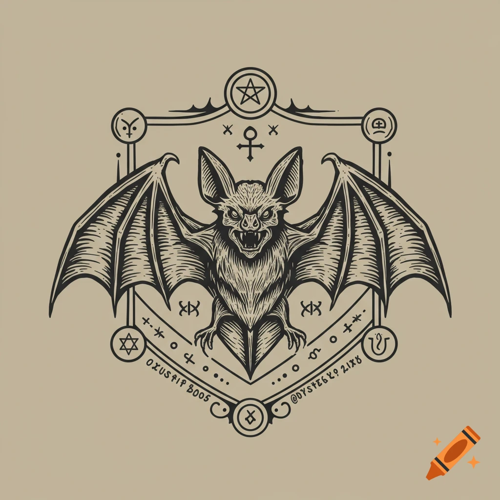 Vintage vector illustration of a bat within an occult emblem