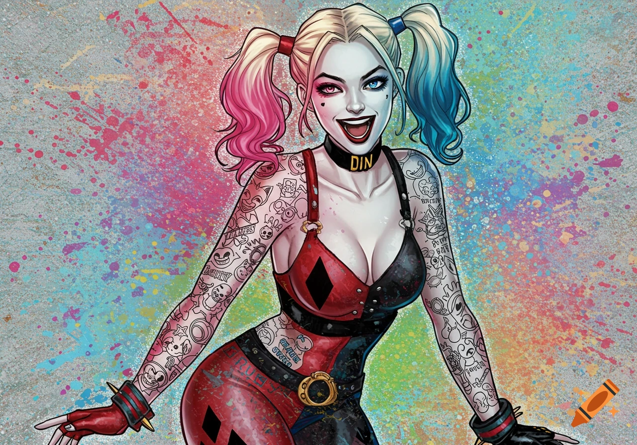 Illustration of Harley Quinn with pink and blue pigtails and full arm tattoo sleeves against a colorful splatter background.