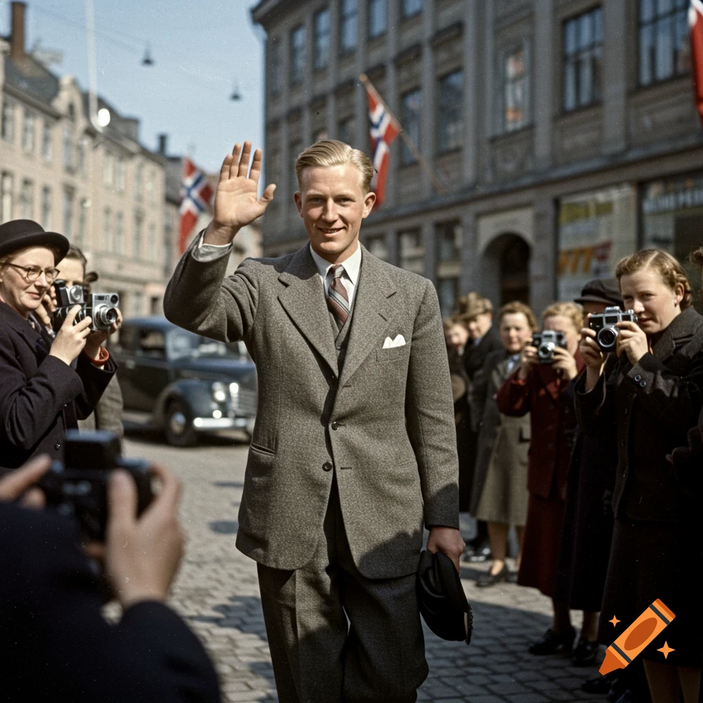 Blond man in a suit waves to crowd taking photos in a 1938 historical street scene.