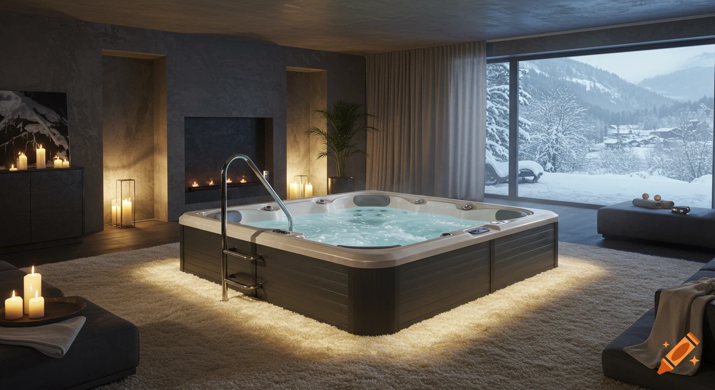 Luxury indoor hot tub in a room with large windows overlooking a snowy mountain landscape.
