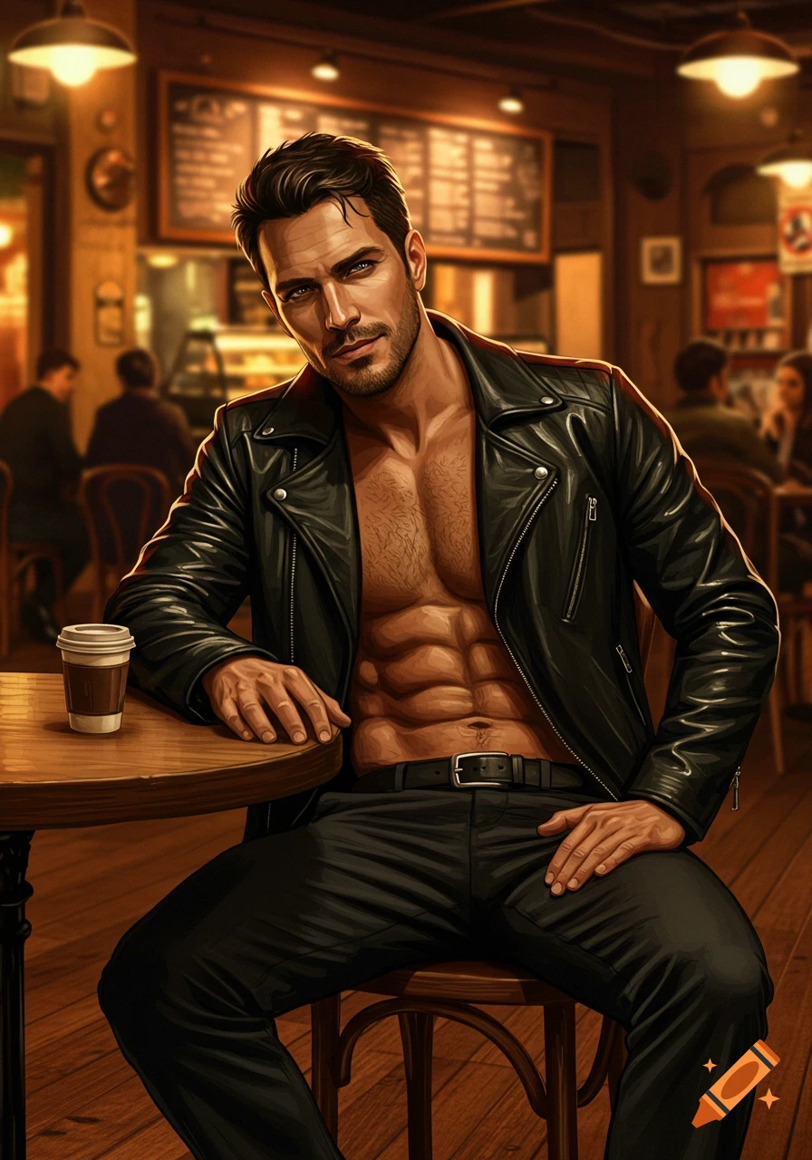 Muscular man in leather jacket sitting at a cafe table