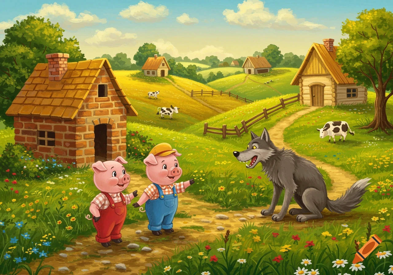 Two cartoon pigs talk to a wolf in a storybook countryside scene with houses and animals.