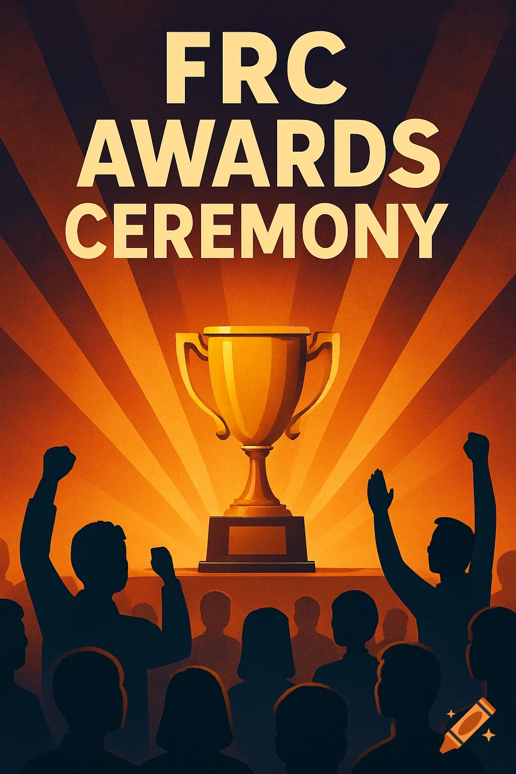 Poster for FRC Awards Ceremony with golden trophy, silhouetted crowd, and orange light rays.