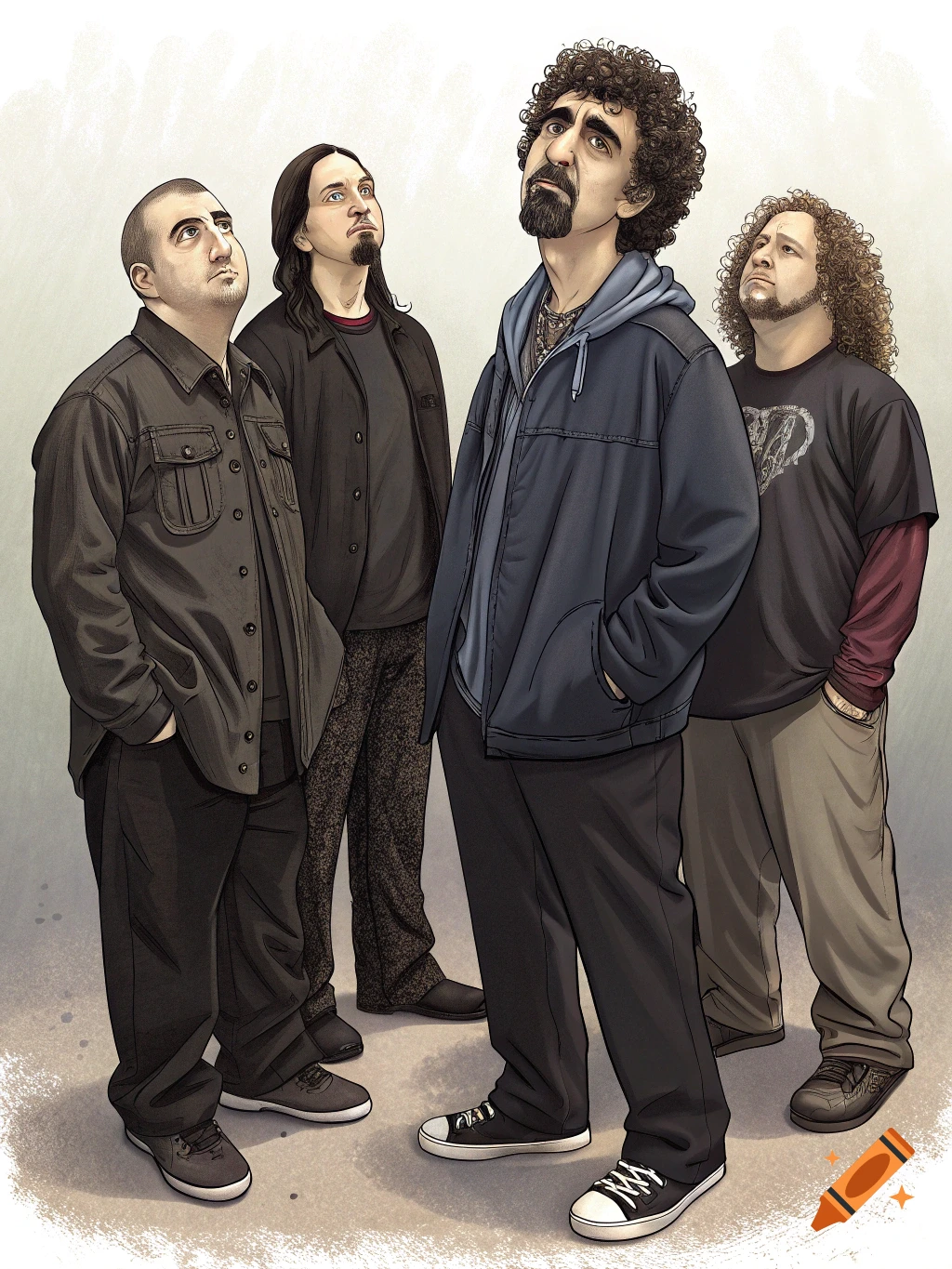 Stylized illustration of four men, members of the band System of a Down, looking up.