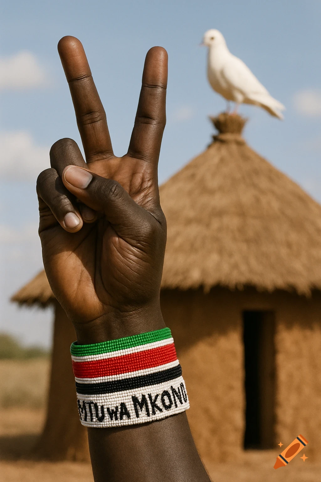 A hand making a peace sign with a beaded bracelet, in front of a hut with a dove.