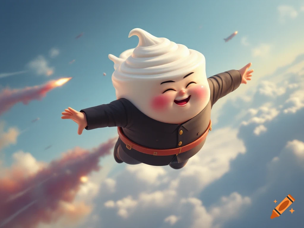 Cartoon character resembling a cupcake flying in the sky with missiles in the background.