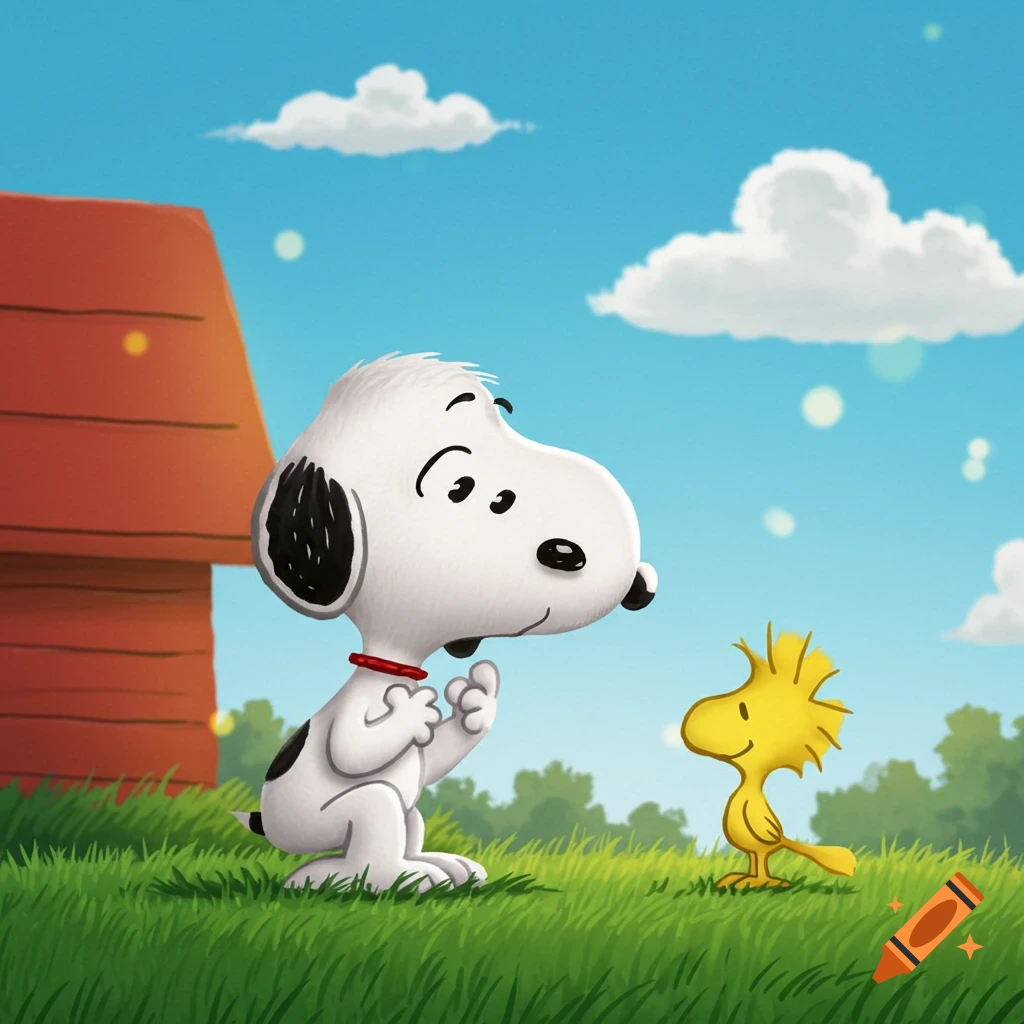 Snoopy talks to Woodstock in a grassy field with a red doghouse.