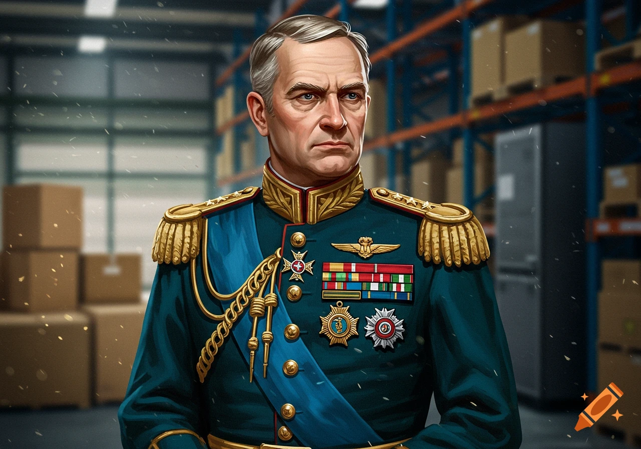 Man in military uniform standing in a warehouse. Illustration.
