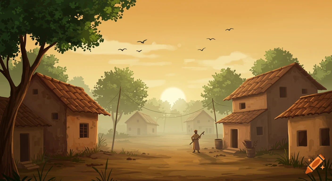 Cartoon landscape of an Indian village at sunrise with houses and trees.