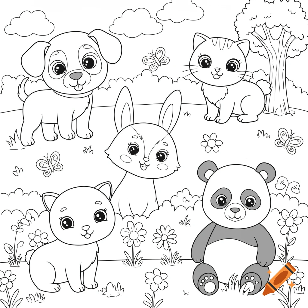 Black and white coloring page of cute cartoon animals including a dog, cats, rabbit, and panda in a field.