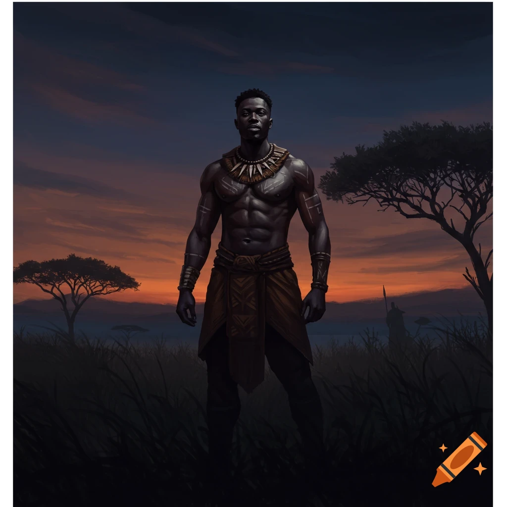 Powerful Black warrior stands in a dark savanna at sunset wearing traditional attire
