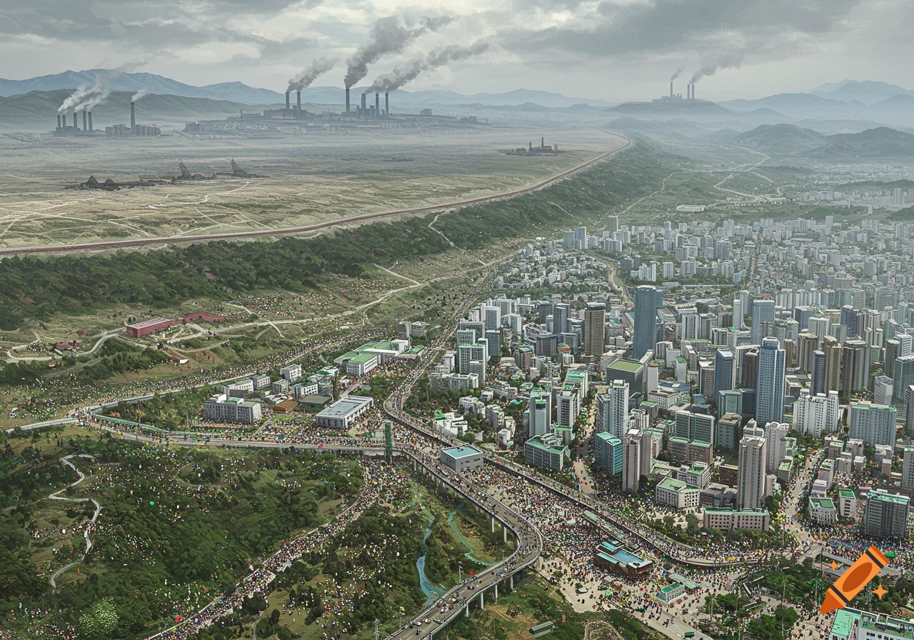 Aerial view showing a clear division between a barren industrial landscape with factories and a bustling modern city, under an overcast sky.