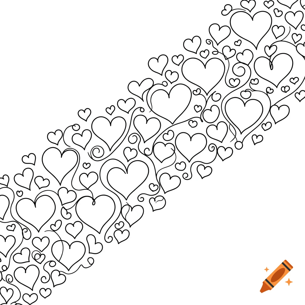Black and white line drawing pattern of interconnected hearts